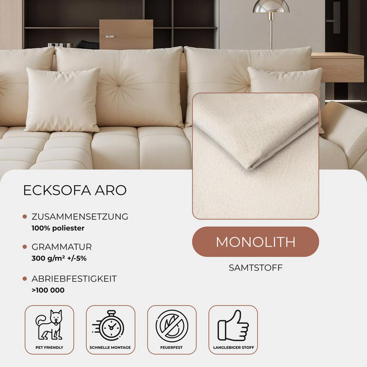 ECKSOFA ARO mit Schlaffunktion und Bettkasten Creme - Creme/Schwarz, Kunststoff/Textil (280/190cm) - Idohome