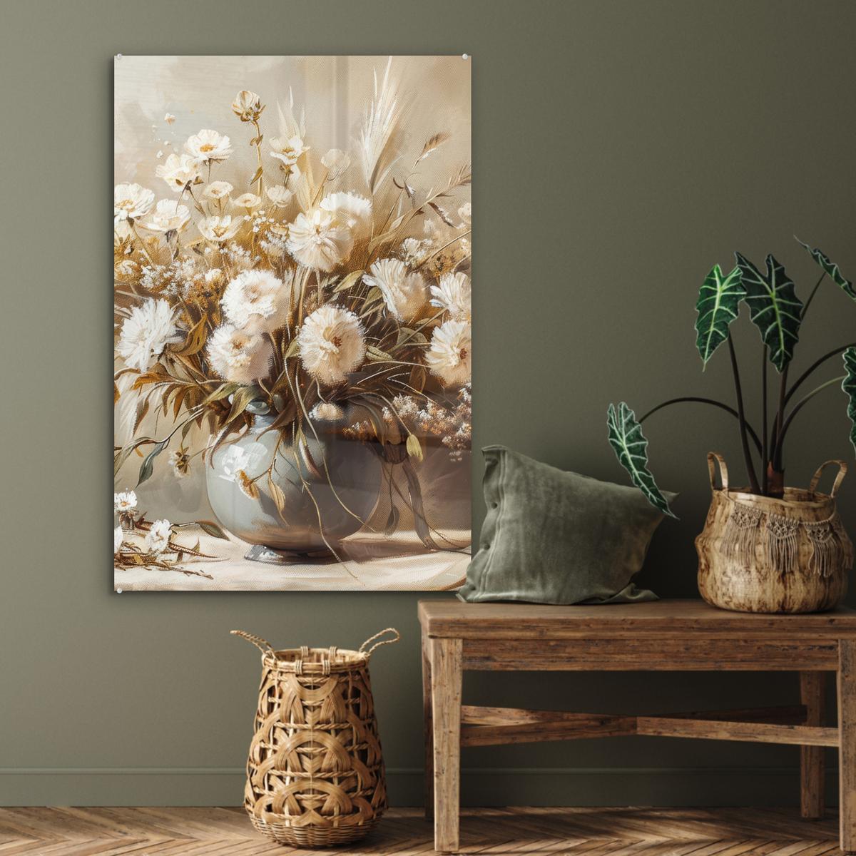 ACRYLGLASBILD Blumen - Vase - Stilleben - Beige 80x120 cm - Creme, Glas (80/120cm) - MuchoWow