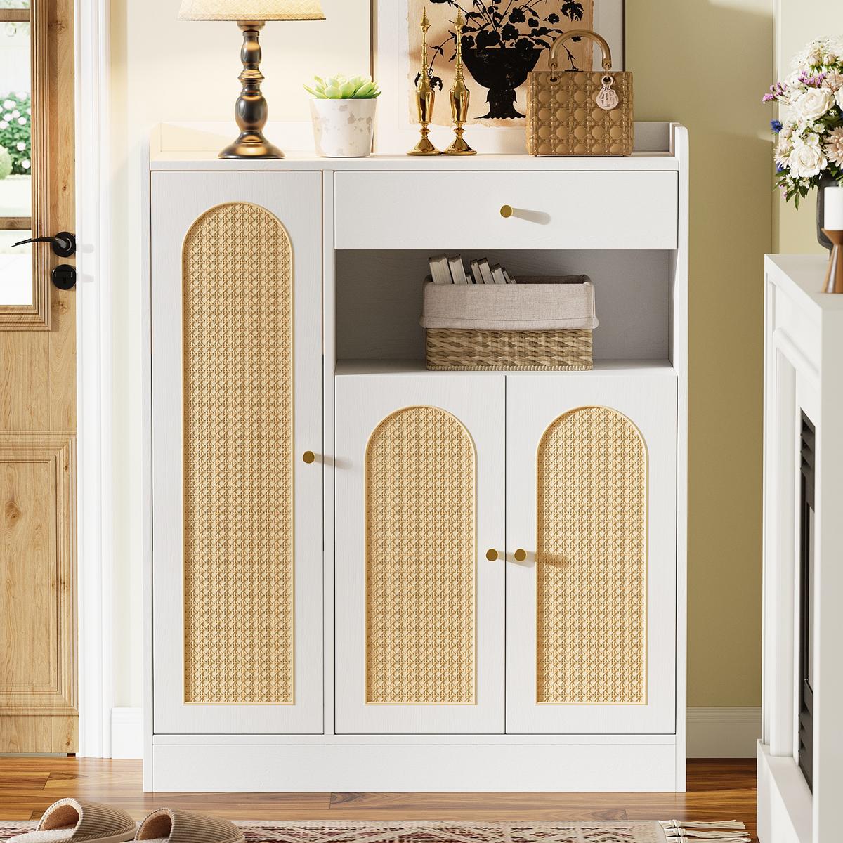 SCHUHESCHRANK Rattan Weiß & Natur Mit 3 Türen & 1 Schublade - Weiß, Holzwerkstoff (90/110/35cm) - Urban Meuble