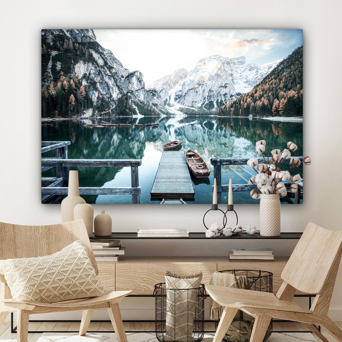 LEINWANDBILD Natur - Berge - Schnee - Wald - Boot Groß 140x90 cm - Hellgrün, Textil (140/90cm) - MuchoWow