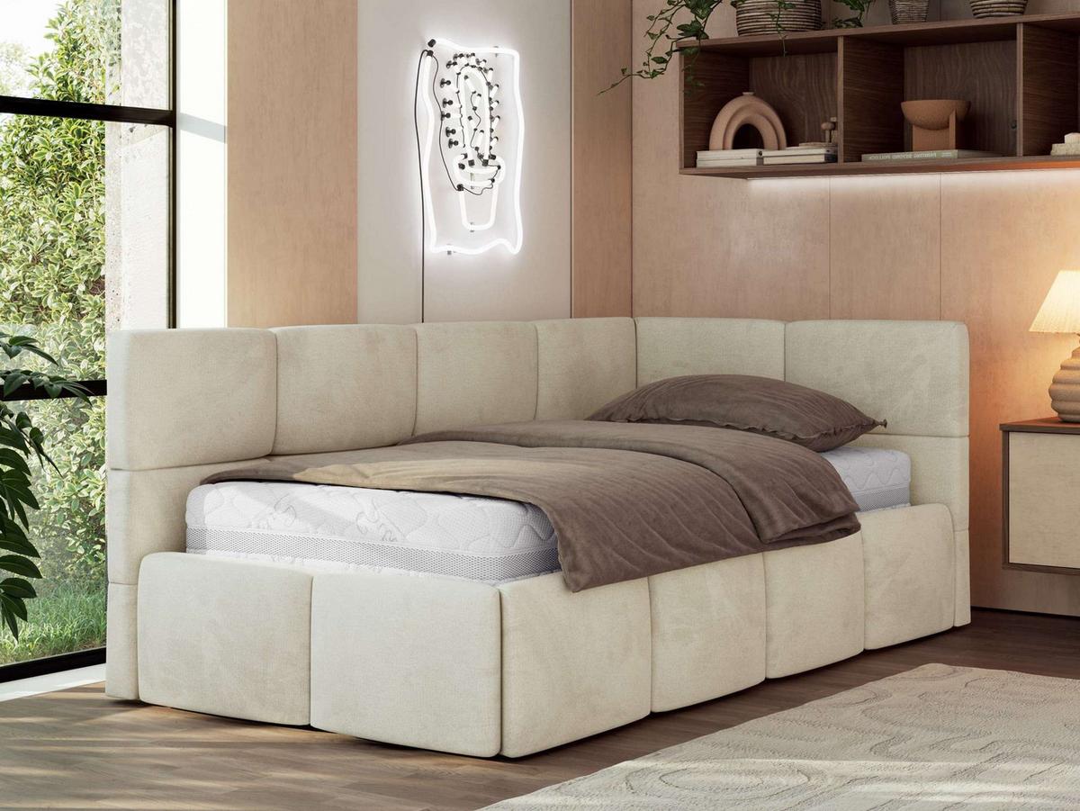 JUGENDBETT ARVO 90/200 - Beige Velvet - ohne Matratze - Rechts Seite - Beige, Textil (200/90cm) - MKS