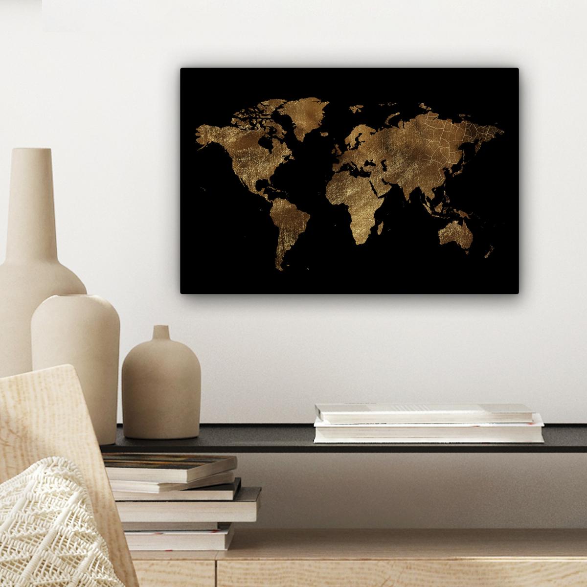 LEINWANDBILD Weltkarte - Gold - Luxus - Erde - Schwarz Deko Schlafzimmer 30x20 cm - Goldfarben, Textil (30/20cm) - MuchoWow