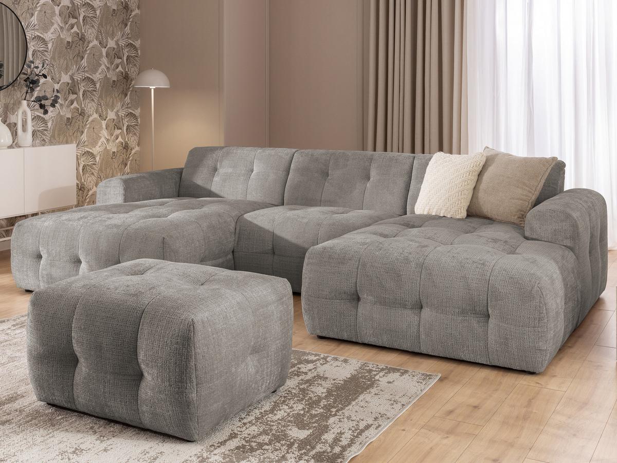 WOHNLANDSCHAFT inkl. Hocker Kozy im Bumpy-Design mit Schlaffunktion und fester Rückenlehne aus weichem Taupe Chenille-Stoff - Taupe/Schwarz, Holz/Kunststoff (323/79/161cm) - S-Style