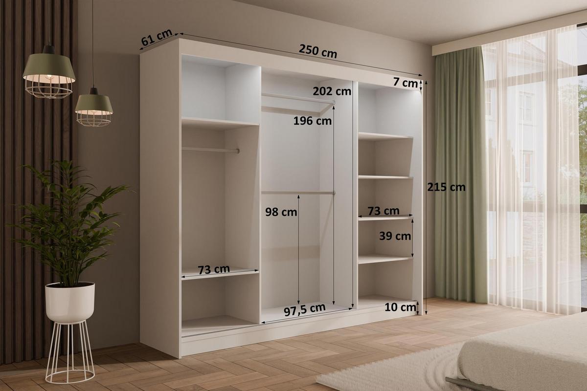 KLEIDERSCHRANK PEKA mit LED - 250 cm - Weiß|Grau - Weiß/Grau, Holzwerkstoff (250/215/61cm) - ALTDECOR