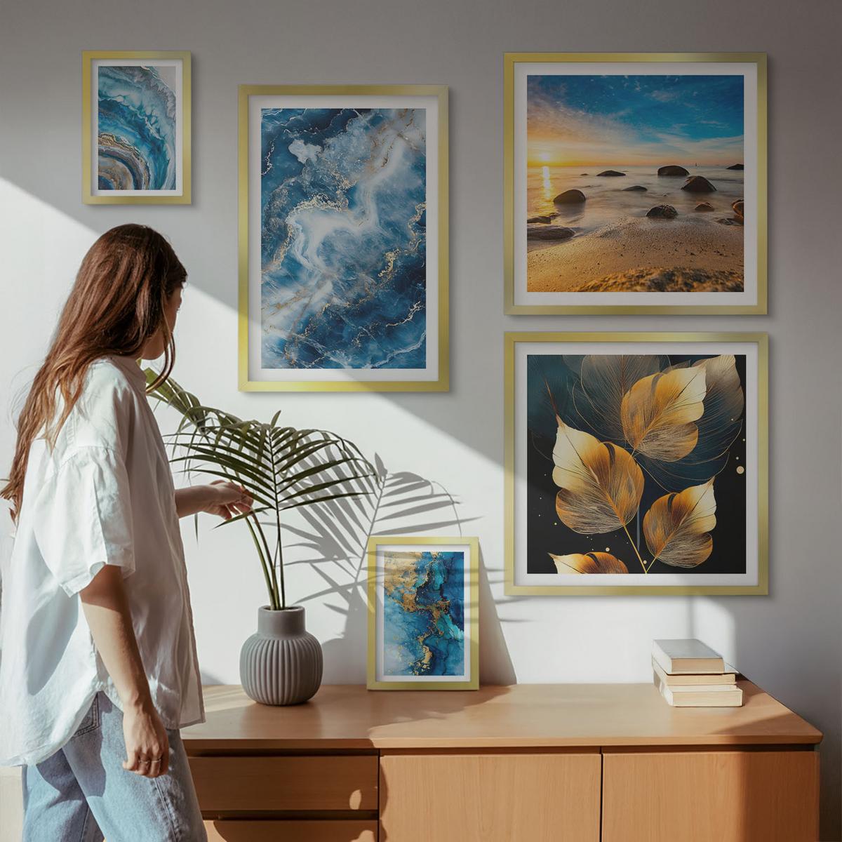 BILDER SET 5er Set - 50x50 cm & 20x30 cm & 40x60 cm Goldrahmen - Porträt einer Frau, Auge, Farben, Emotionen - Goldfarben, Kunststoff (40/60cm) - TULUP