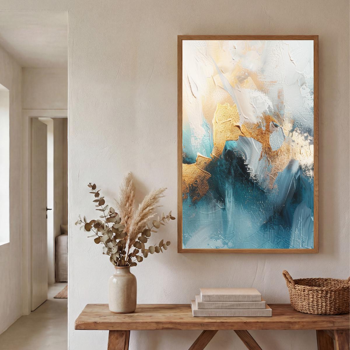 WANDLEUCHTE MIT AKKU Abstrakt - Kunst - Gold - Blau 70x100 cm - Türkis, Holzwerkstoff (70/100/8cm) - OnlyWow
