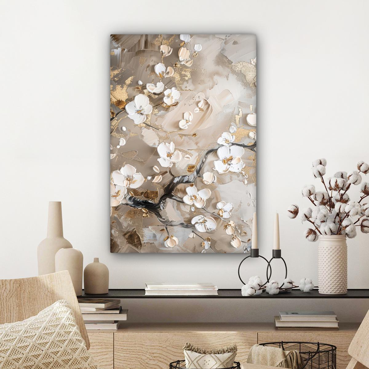 LEINWANDBILD Blumen - Weiß - Gold - Beige - Luxus Wanddeko 40x60 cm - Greige, Textil (40/60cm) - MuchoWow
