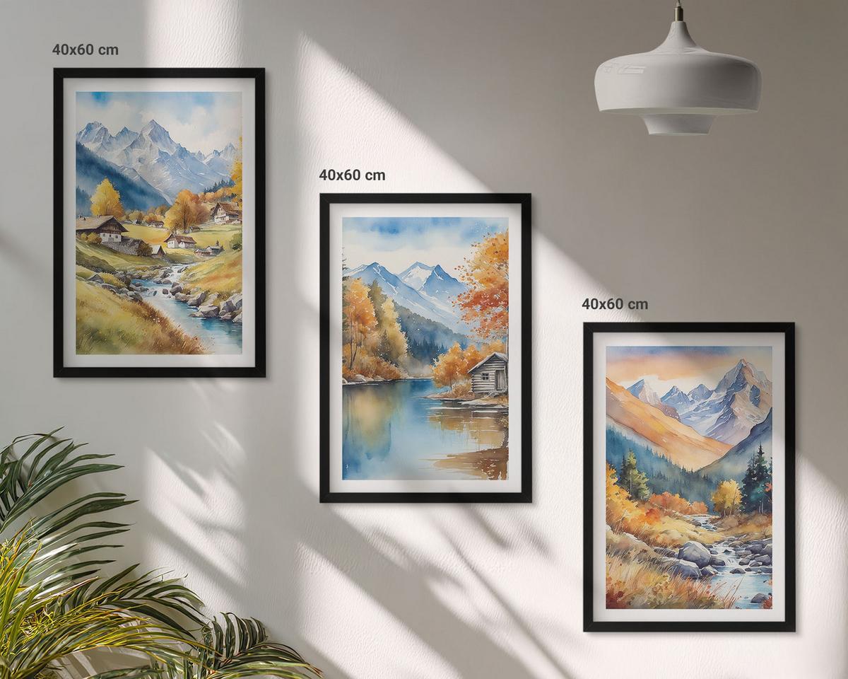 BILDER SET 3er Set - 40x60 cm Schwarzer Rahmen - Herbstliche Berge, Flusshäuser - Schwarz, Kunststoff (40/60cm) - TULUP