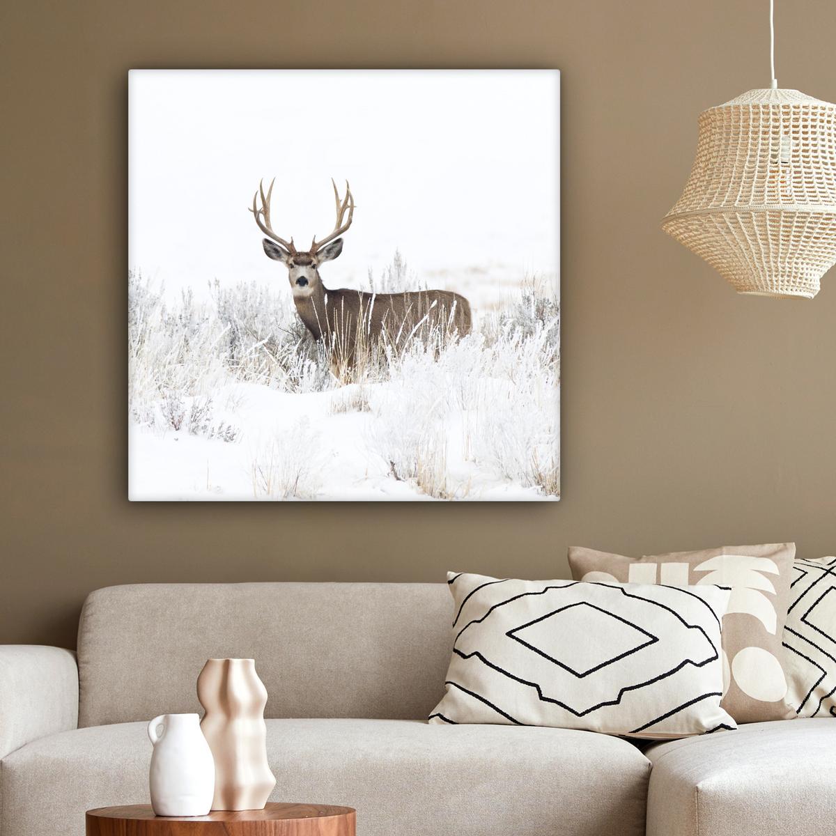 LEINWANDBILD Hirsche - Winter - Schnee - Tiere - Jahreszeiten - Weiß Deko Groß 90x90 cm - Hellbraun, Textil (90/90cm) - MuchoWow