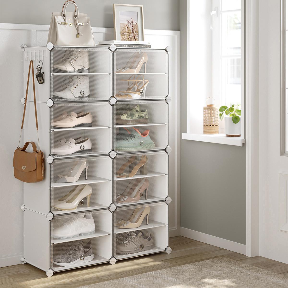 SCHUHSCHRANK 8 Klappen Weiß – B122 cm - Weiß, Metall (33/122/44cm) - Calicosy