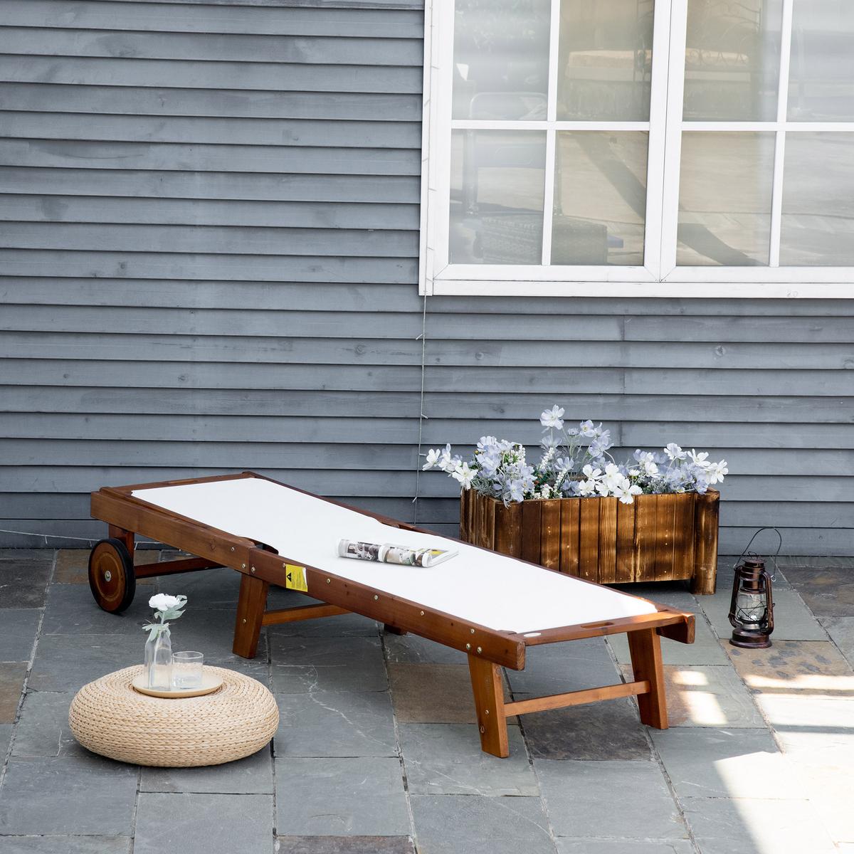 SONNENLIEGE Relaxliege Gartenliege verstellbar Holz Textil Natur+Weiß - Weiß, Holz (55/88.5/198cm) - Outsunny