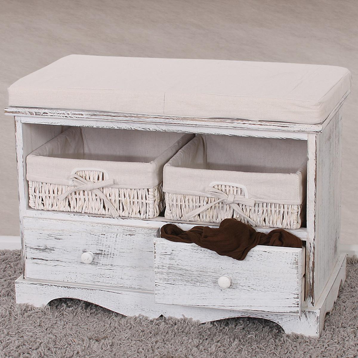 SITZBANK 2 KÖRBE SHABBY-LOOK Cremeweiß - Creme/Weiß, Holz (62/42/33cm) - MCW