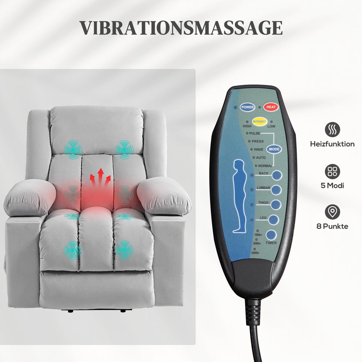 FERNSEHSESSEL mit Aufstehhilfe Relaxsessel mit Massage-/ Wärme-/Liegefunktion - Hellgrau, Textil (93/104/101cm) - HOMCOM