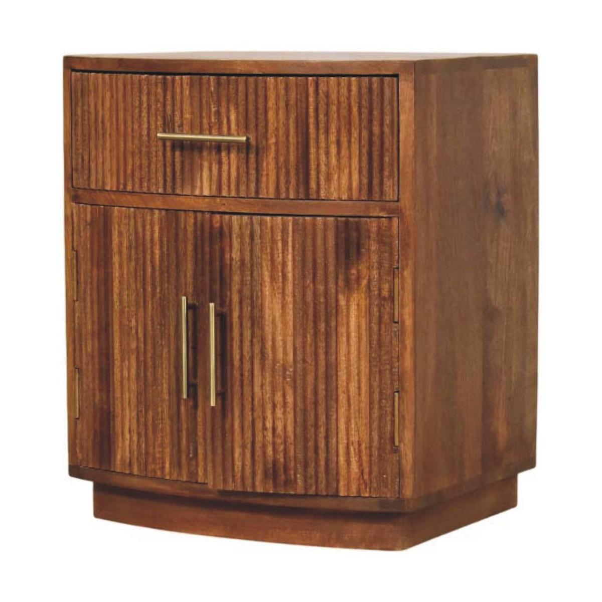 NACHTKASTEN Massivholz Geschwungen Geriffelt, 1 Schublade und 2 Regale mit Türen, Dunkelbraun - Hellbraun/Messingfarben, Holz/Metall (50/60/40cm) - Artisan Furniture