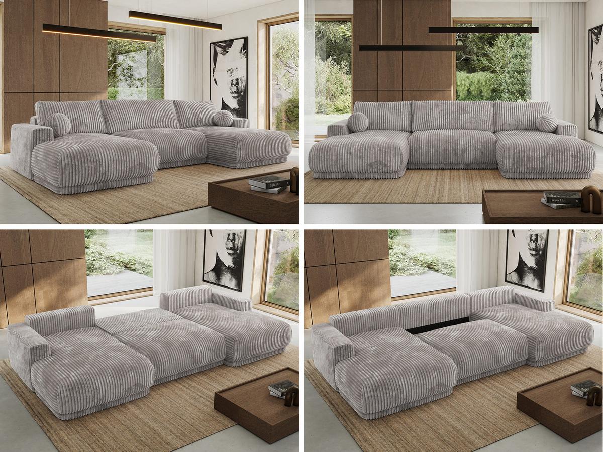 WOHNLANDSCHAFT RINA U Hellgrau Cord - Hellgrau/Schwarz, Kunststoff/Textil (360/85/170cm) - MKS