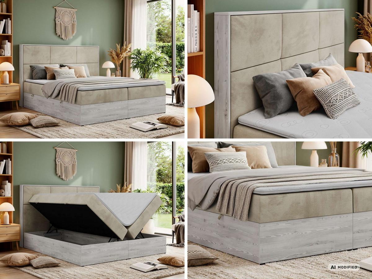 BOXBETT DELNOR 140/200 - Beige Velvet - Topper T25 - H3 - Beige/Schwarz, Kunststoff/Textil (140/200cm) - MKS