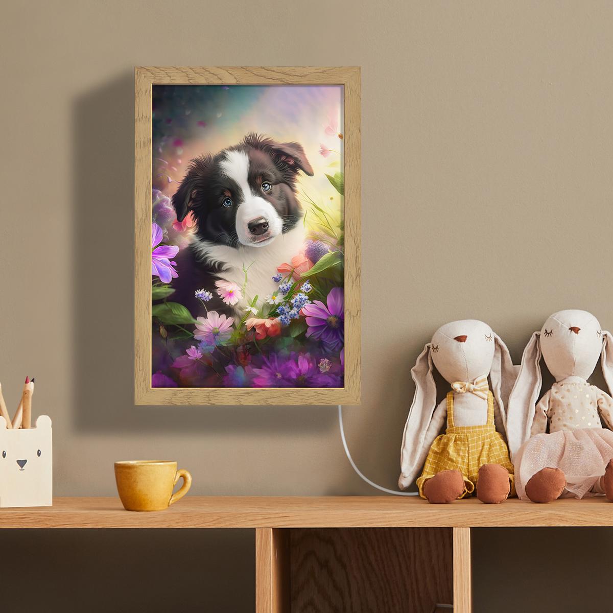 WANDLEUCHTE Welpe - Sonne - Blumen - Natur - Border Collie - Hund 20x30 cm - Violett, Holzwerkstoff (20/30/8cm) - OnlyWow