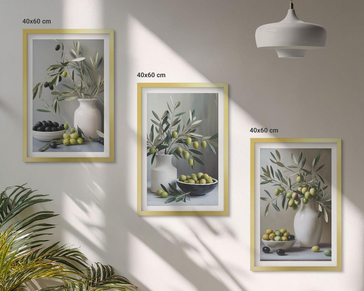 BILDER SET 3er Set - 40x60 cm Goldrahmen - Oliven in grauen Vasen - Goldfarben, Kunststoff (40/60cm) - TULUP