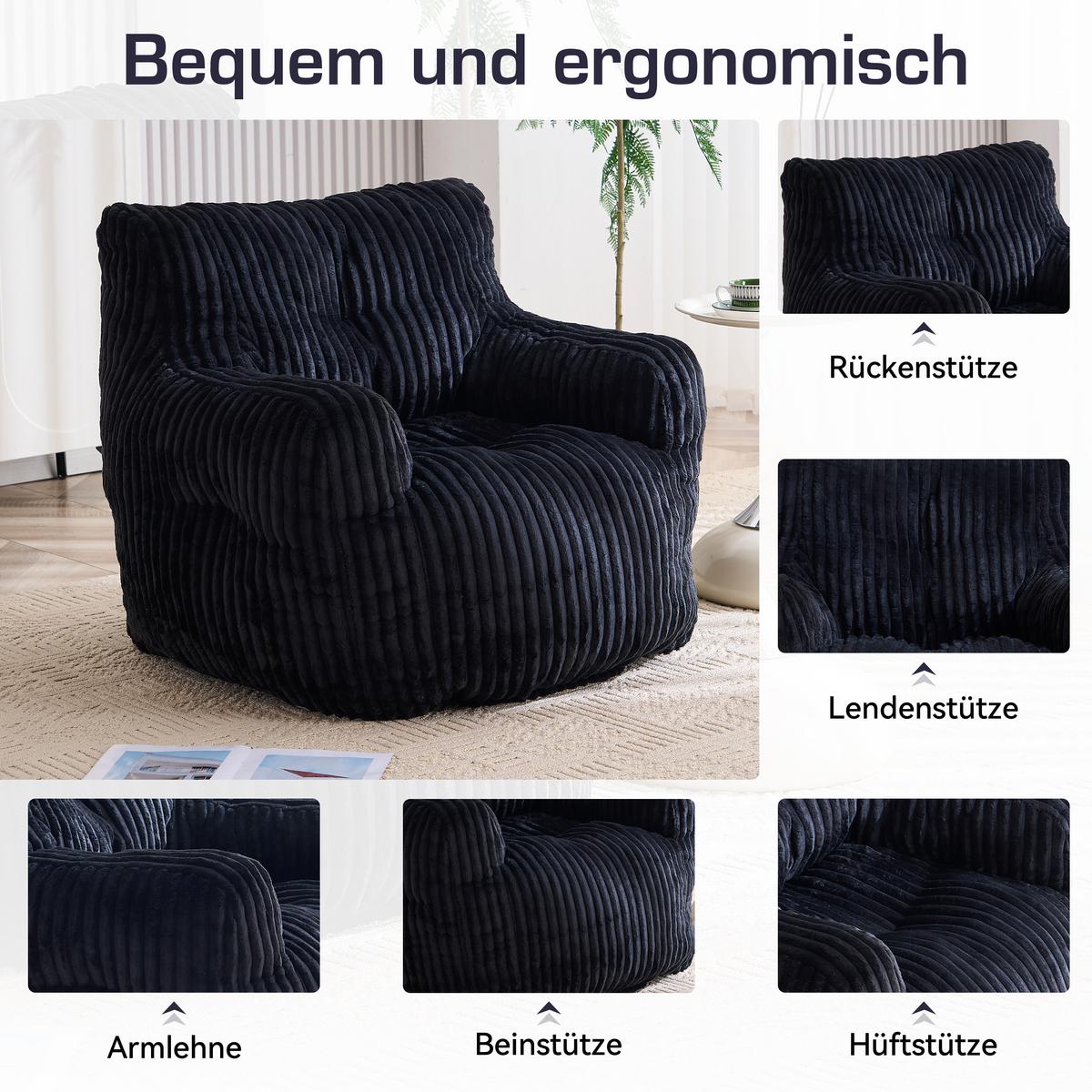 SESSEL weicher cord-stoff ergonomischer mit schaumstofffüllung - Schwarz, Textil (100/70/94cm) - Urban Meuble
