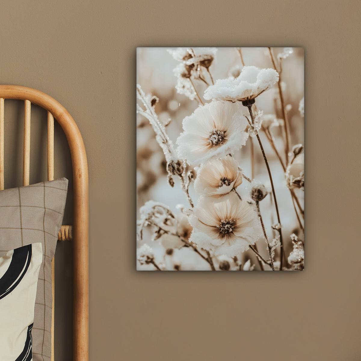 LEINWANDBILD Blumen - Winter - Weiß - Schnee - Beige Room Decor 30x40 cm - Creme, Textil (30/40cm) - MuchoWow