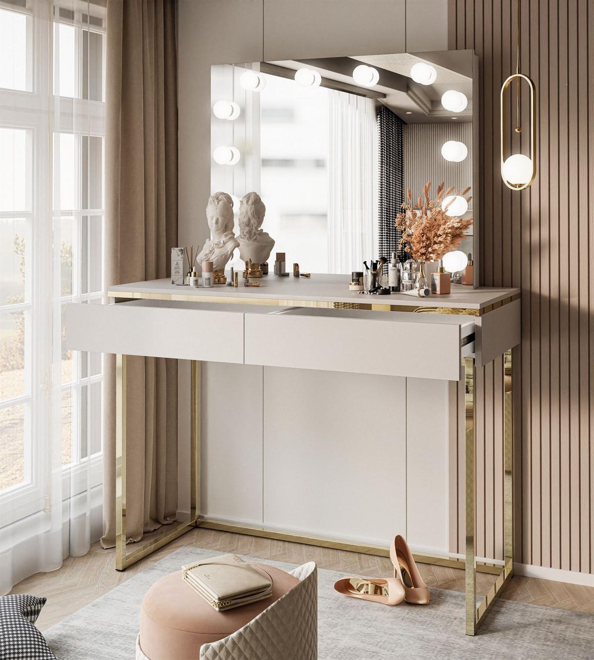 SCHMINKTISCH AURORA GOLD ELITE in Kaschmir mit Spiegel - Kaschmir/Goldfarben, Holzwerkstoff/Metall (102/144/44cm) - Lookway