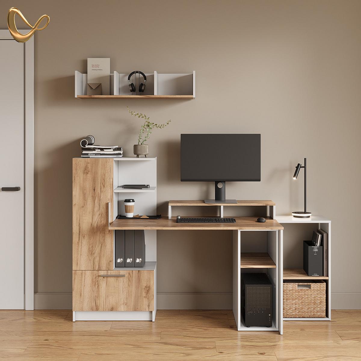 PC-SCHRANK Lorena Weiß/Goldkraft Eiche 28.5 x 72 cm mit 2 Fächern - Honigeiche/Weiß, Holzwerkstoff (28.5/72/50cm) - Livinity®