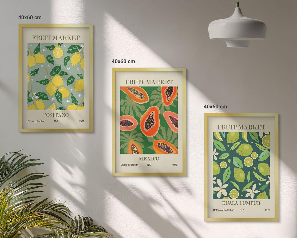 BILDER SET 3er Set - 40x60 cm Goldrahmen - Fruchtige Zitronen- und Papayamuster - Goldfarben, Kunststoff (40/60cm) - TULUP