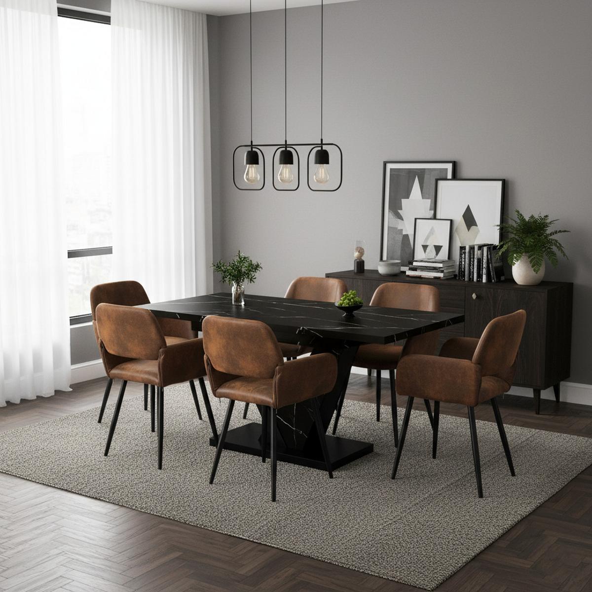 TISCHGRUPPE 7-teilig Ausziehtisch Marmoroptik Schwarz & 6x 360° Drehstühle Vintage-Braun - Schwarz, Holzwerkstoff/Textil (160/76/75cm) - Urban Meuble