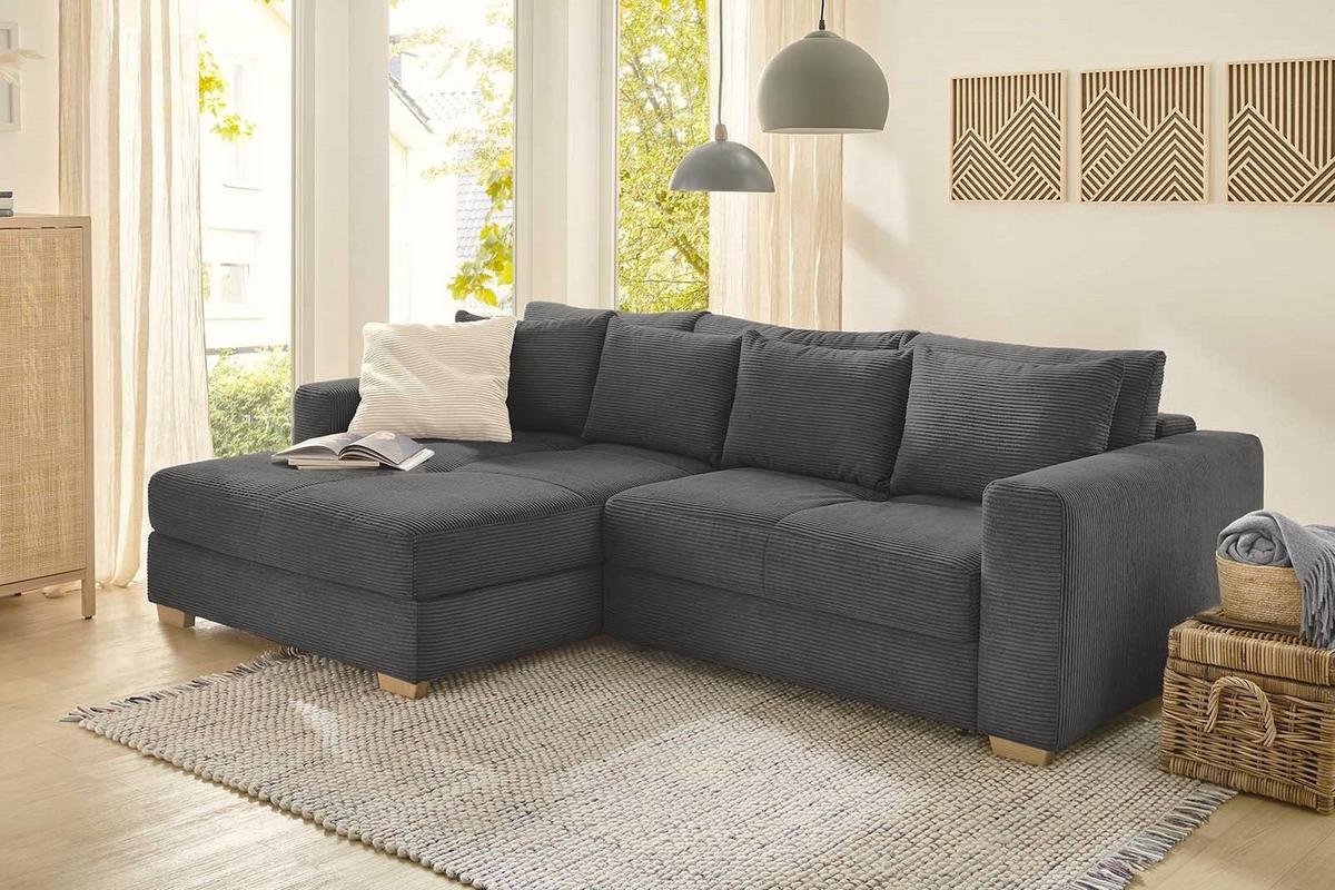 ECKSOFA-DAUERSCHLÄFER Federkern Bettkasten, seitenverkehrt montierbar B288/T186/H86 cm, Liegefl. 153x245 cm, Cord Dunkelgrau / 15153 - Dunkelgrau/Eichefarben, Holz/Textil (288/186cm) - luma-home