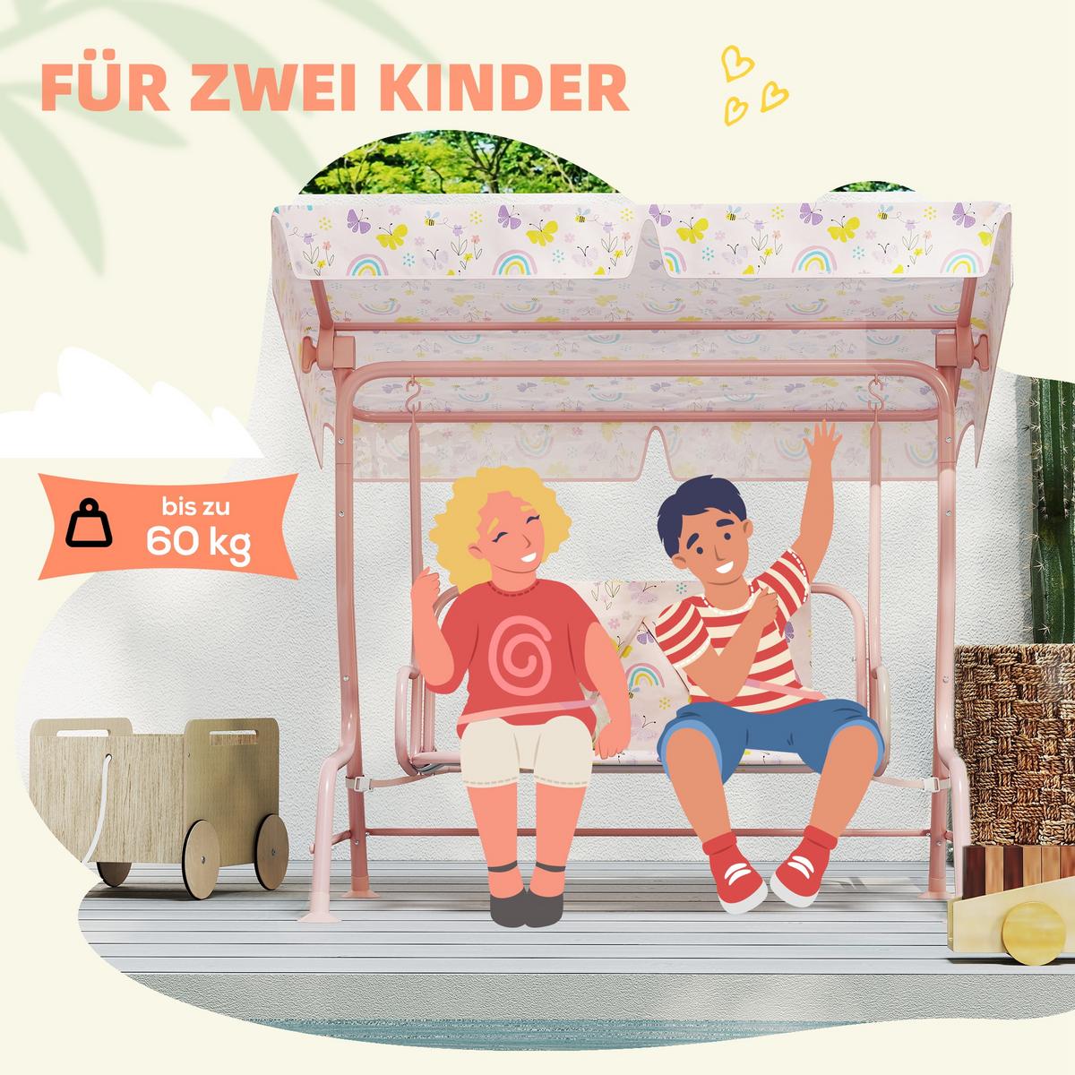 KINDER Hollywoodschaukel 2-Sitzer Kinderschaukel mit verstellbarem Sonnendach - Rosa, Metall (75/120/112cm) - AIYAPLAY