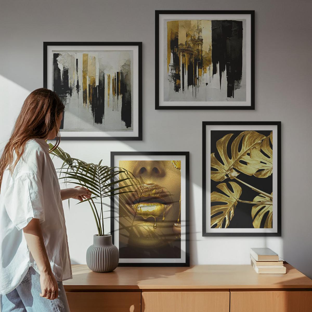 BILDER SET 4er Set - 50x50 cm & 40x60 cm Schwarzer Rahmen - Abstrakte Blattmalerei - Schwarz, Kunststoff (50/50cm) - TULUP