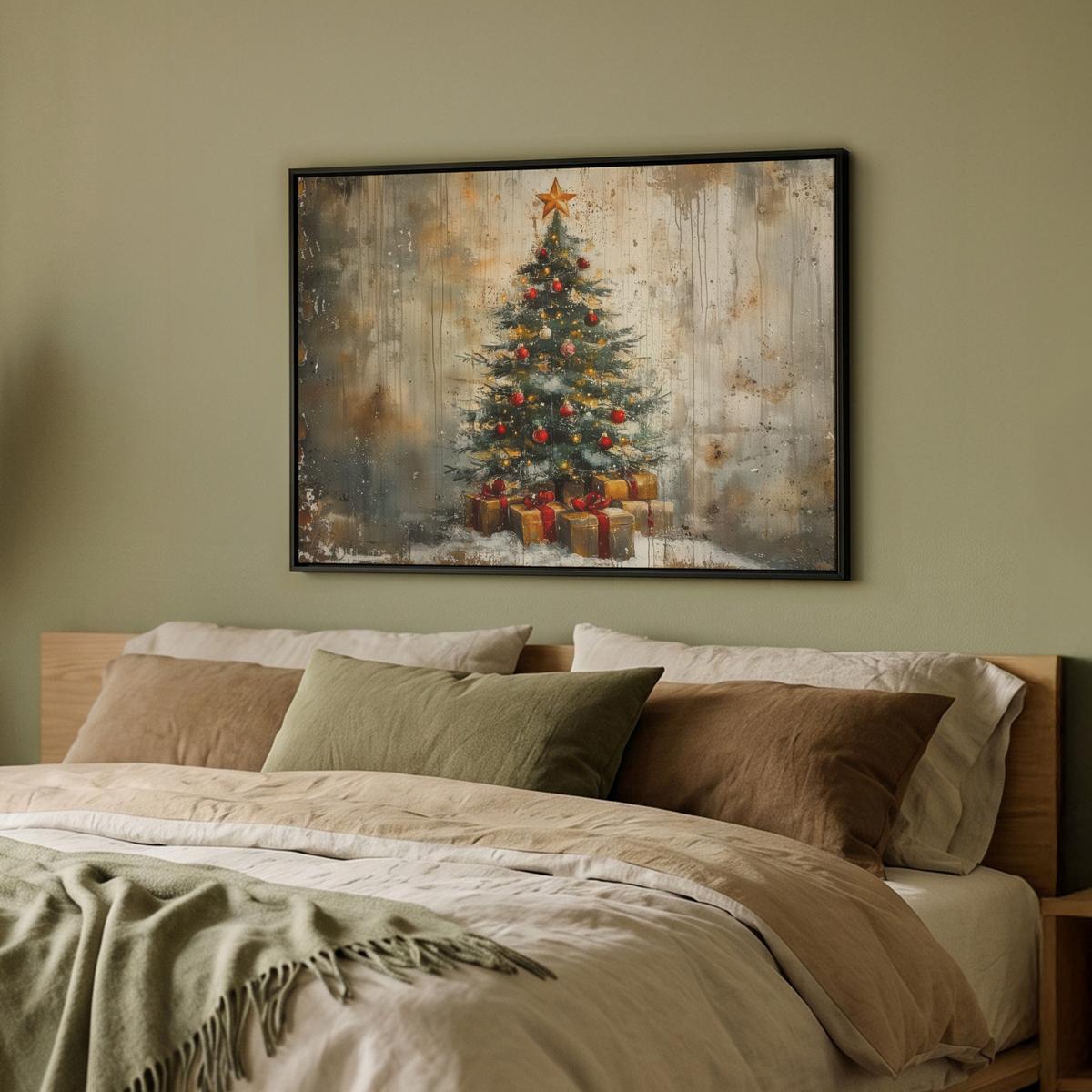 LEINWAND Bilder mit Rahmen - Weihnachtsbaum - Vintage - Weihnachten - Geschenk - 80x60 - Rostfarben, Textil (80/60cm) - MuchoWow