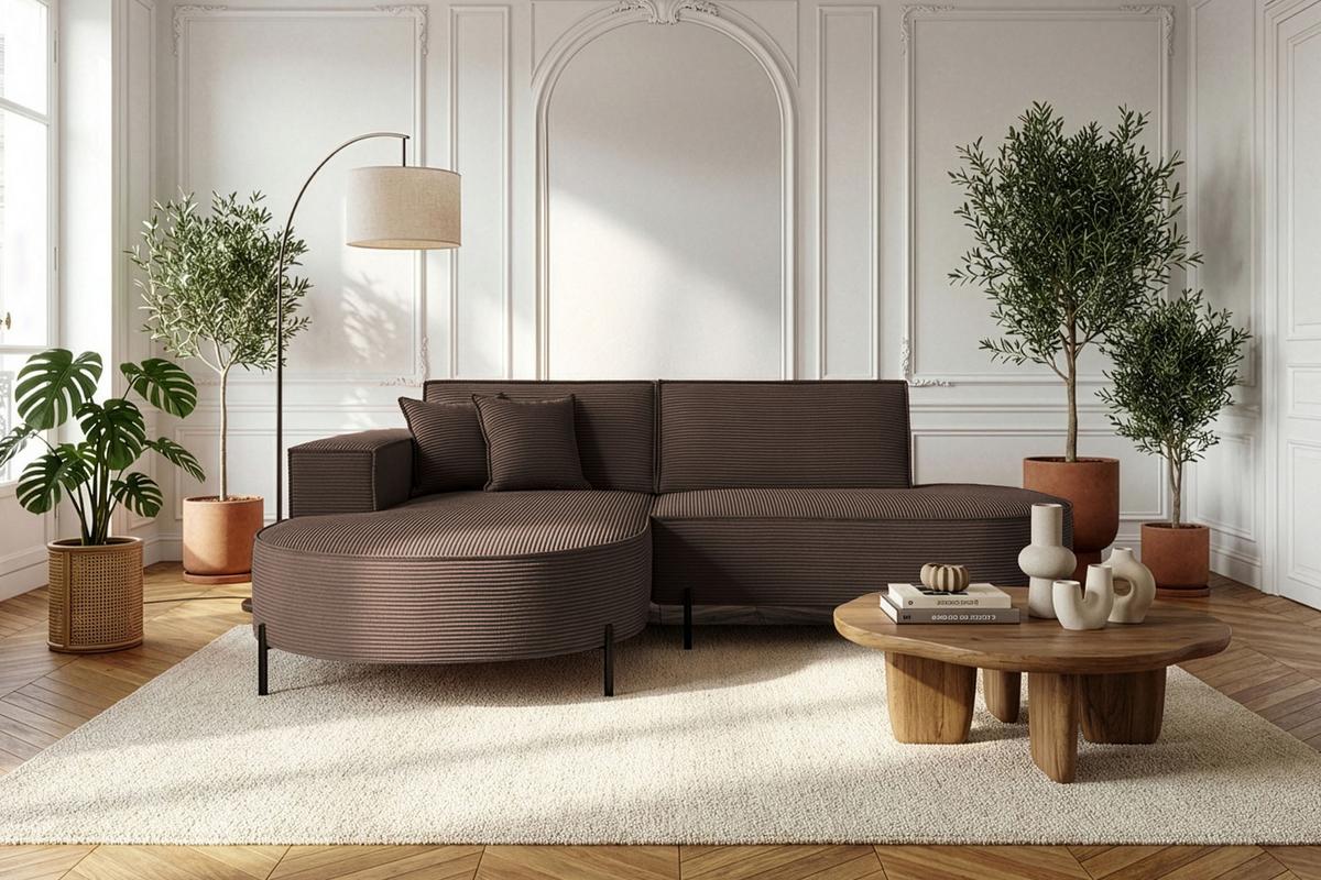 ECKSOFA Hana Loft 3-Sitzer Ecke Links, Cordstoff Chenille, Dunkelbraun 241/80/168 cm - Schwarz/Braun, Textil/Metall (241/168cm) - WFL GROUP