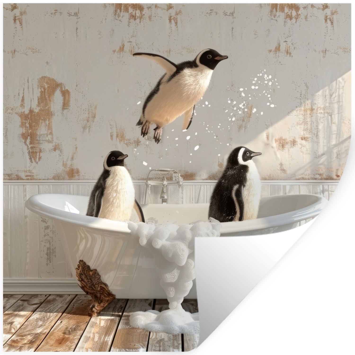 WANDTATTOO Vintage - Pinguin - Badewanne - Schaumstoff Wanddeko 50x50 cm - Schwarz, Kunststoff (50/50/0.1cm) - MuchoWow