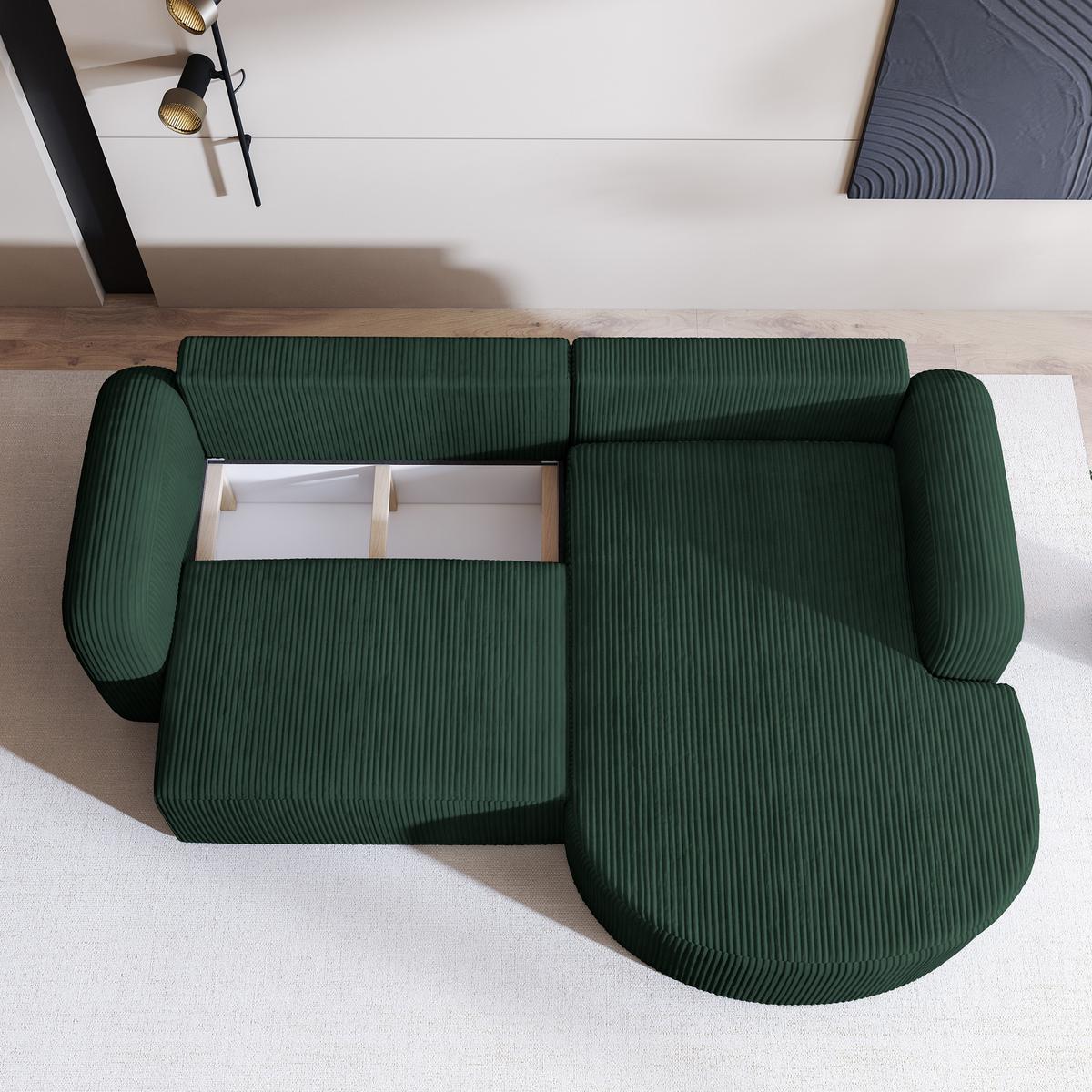 ECKSOFA AMILIA P R-S Grün Kordstoff mit Schlaffunktion - Grün, Holz (263/174cm) - MASSENO