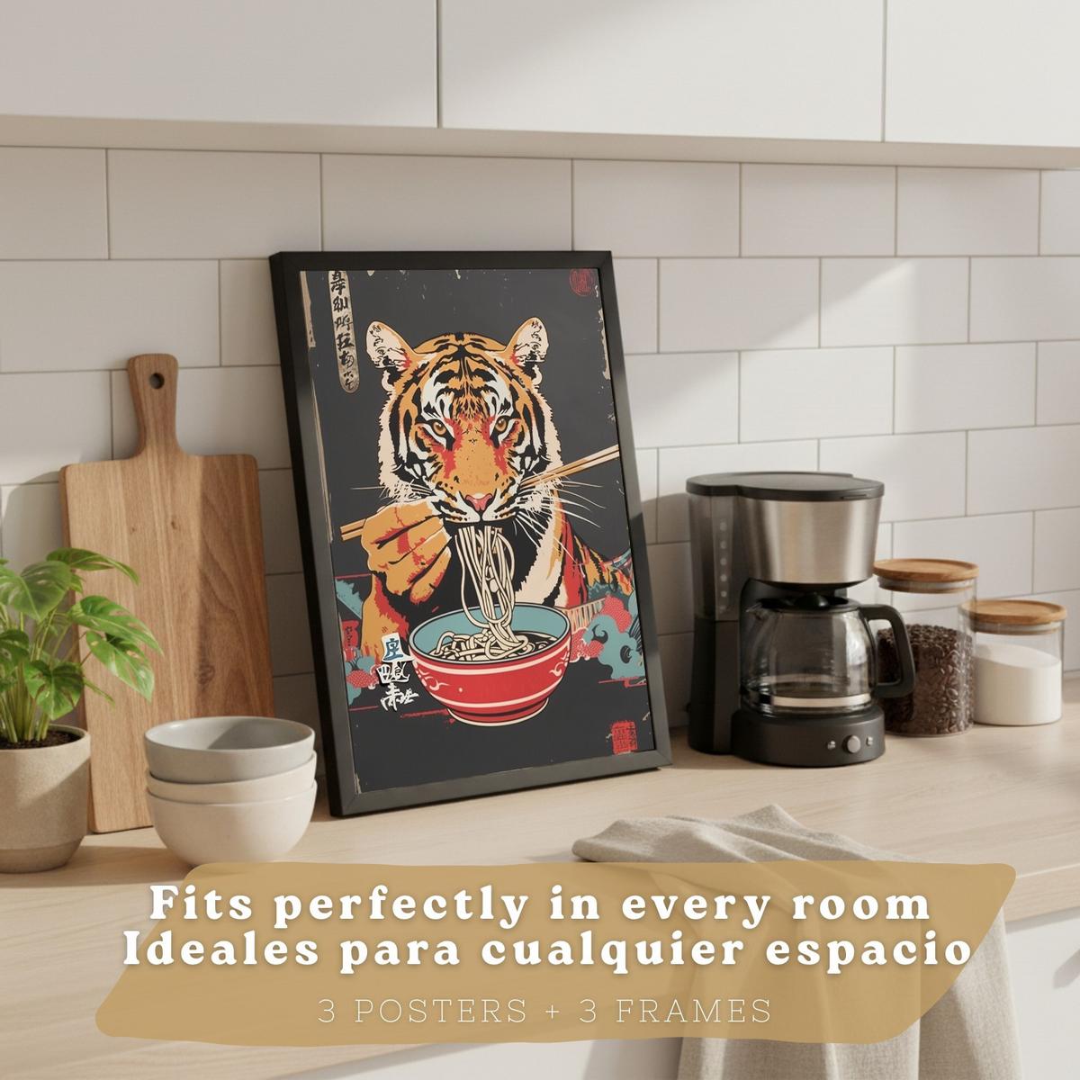 POSTER 3er Set Japanische Ramen Tier-Wandbilder Panda Tiger und Hase Nudeln Vintage Küche Wanddeko Schwarzer Rahmen A4 - Schwarz, Papier (29.7/1/21cm) - Nacnic
