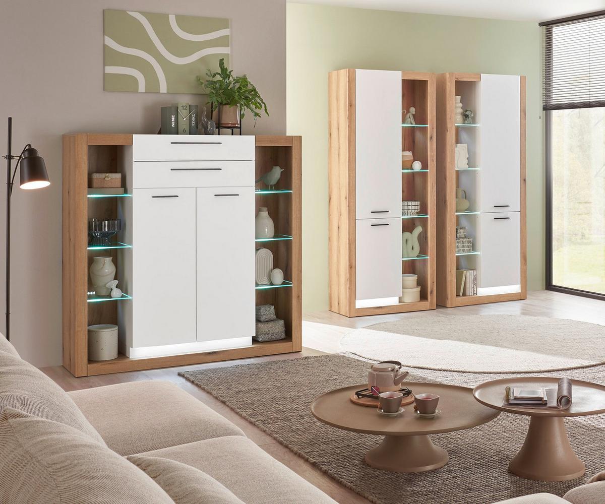 HIGHBOARD weiß matt, Evoke Eiche, Kommode 141 x 139 cm - Eichefarben/Silberfarben, Glas/Holzwerkstoff (141/139/37cm) - Furn.Design