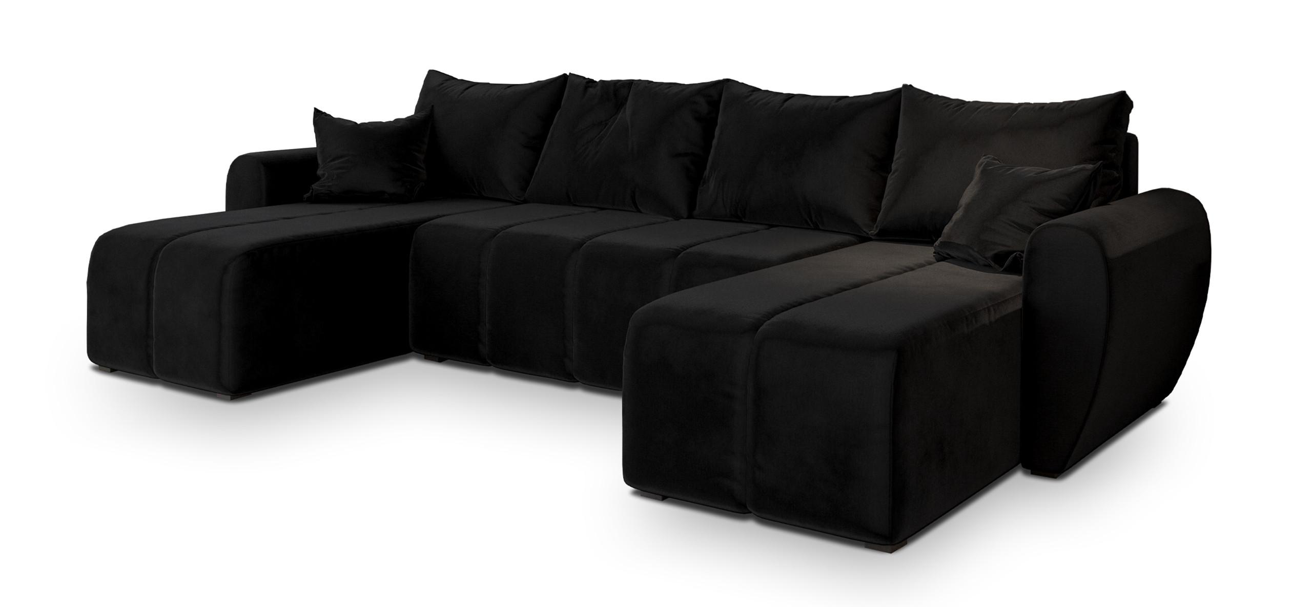 WOHNLANDSCHAFT MADISON U Schwarz Plüsch-Stoff mit Schlaffunktion - Schwarz, Holz/Kunststoff (311/82/145cm) - MASSENO