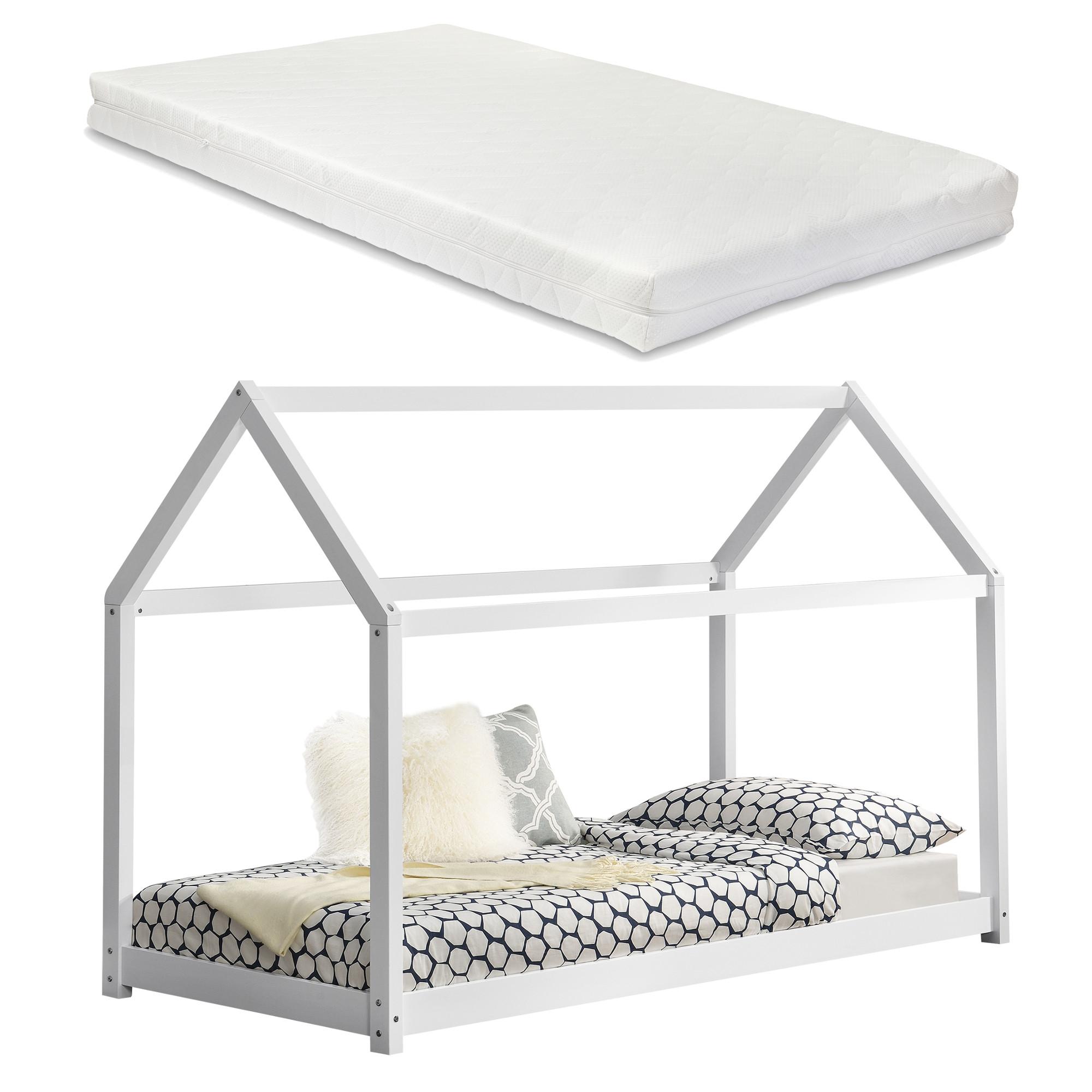 HAUSBETT Netstal mit Matratze - Weiß, Holz/Textil (90/200cm) - [en.casa]