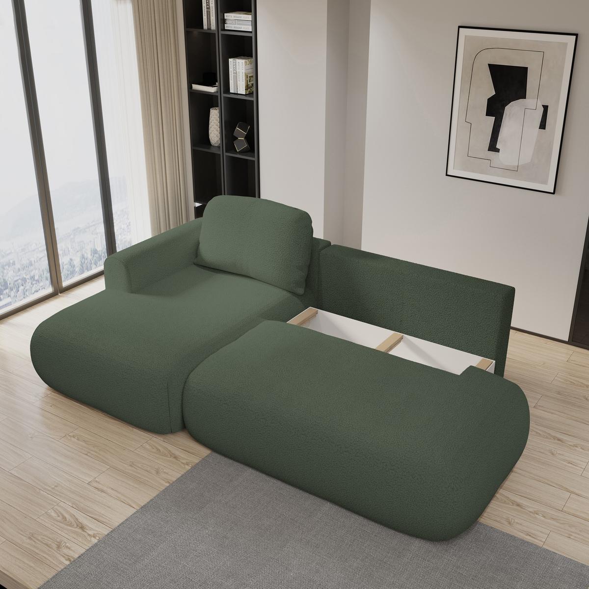 ECKSOFA NUVIRA L-S Grün Boucle-Stoff mit Schlaffunktion - Grün, Holz (279/158cm) - MASSENO