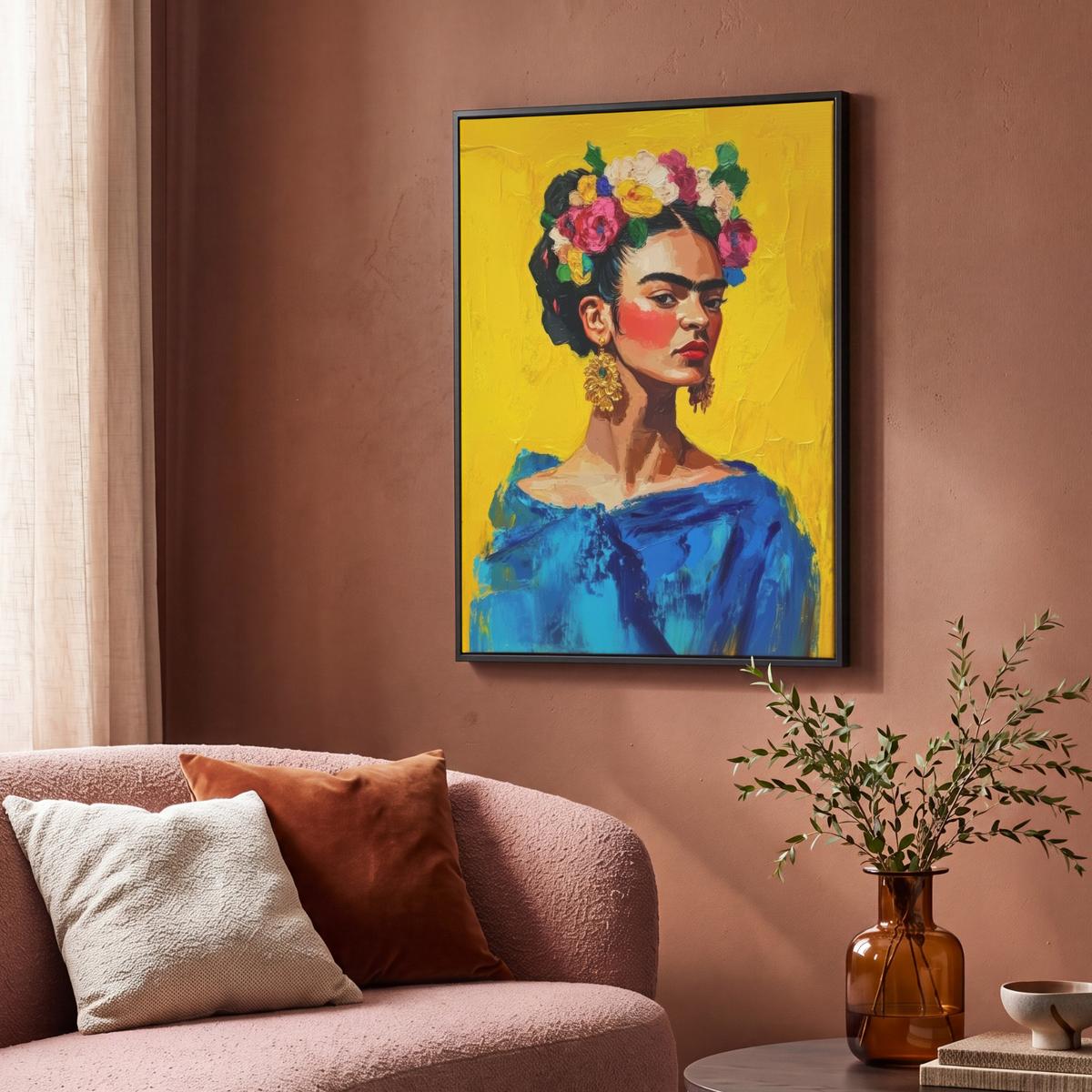 LEINWAND Bilder mit Rahmen - Frida Kahlo - Frau - Gelb - Blau - Blumen - 70x100 - Gelb, Textil (70/100cm) - MuchoWow