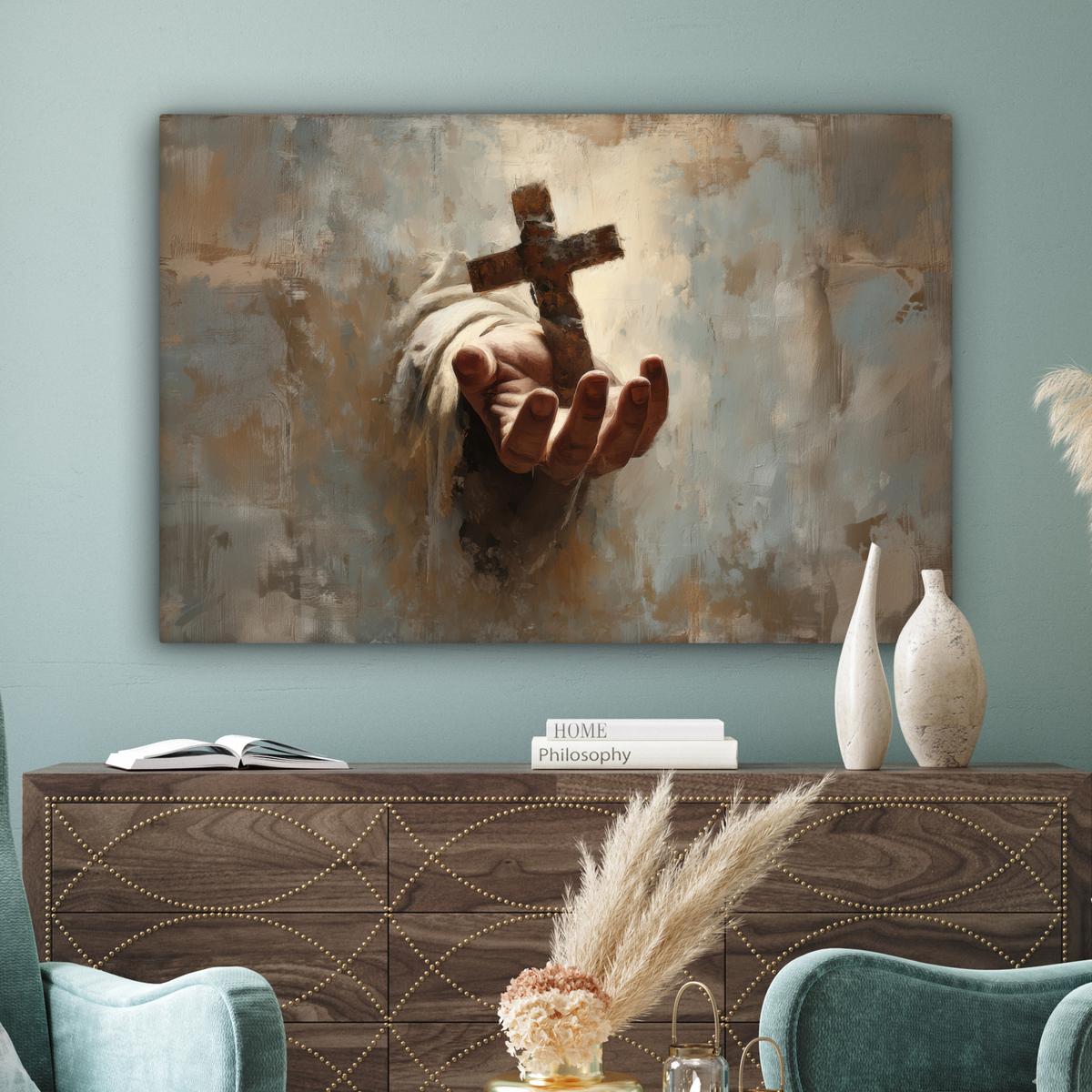 LEINWANDBILD Abstrakt - Kreuz - Hand - Christentum XXL 150x100 cm - Hellbraun, Textil (150/100cm) - MuchoWow