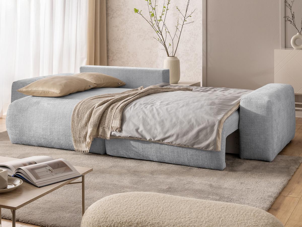 ECKSOFA Puffy mit Schlaffunktion und Bettkasten - besonders weich und puffig aus Hellgrau Chenille-Stoff - Ottomane links - Hellgrau/Schwarz, Holz/Kunststoff (138/266cm) - S-Style Möbel