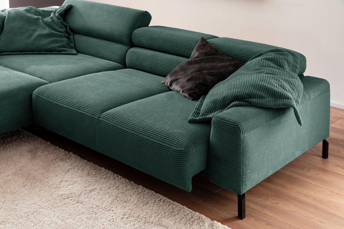 ECKSOFA DELIA Smaragdgrün Cord Relaxfunktion - Smaragdgrün/Schwarz, Textil/Metall (276/219cm) - KAWOLA