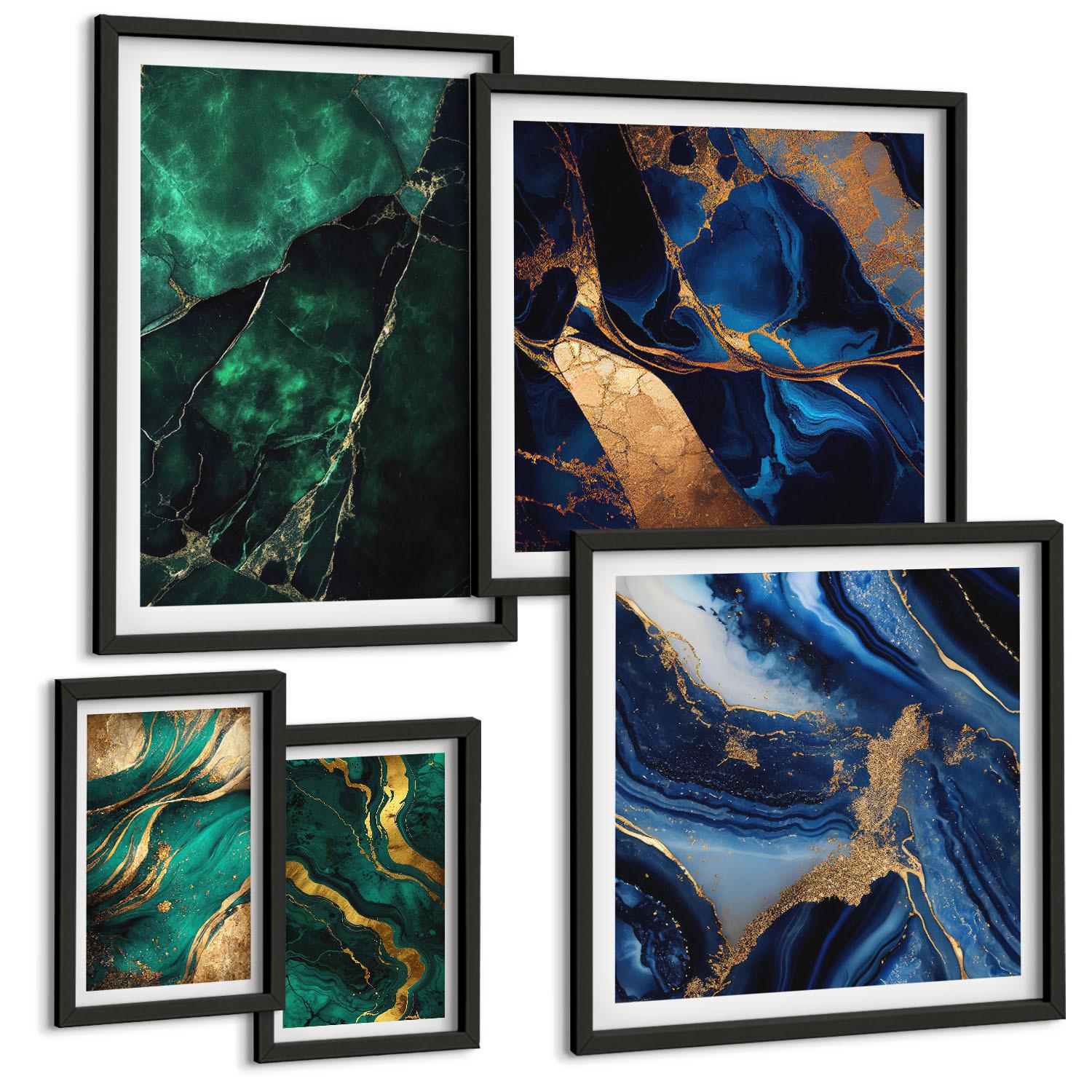 BILDER SET 5er Set - 50x50 cm & 20x30 cm & 40x60 cm Schwarzer Rahmen - Blumen, heller Hintergrund, Marmormuster - Schwarz, Kunststoff (40/60cm) - TULUP