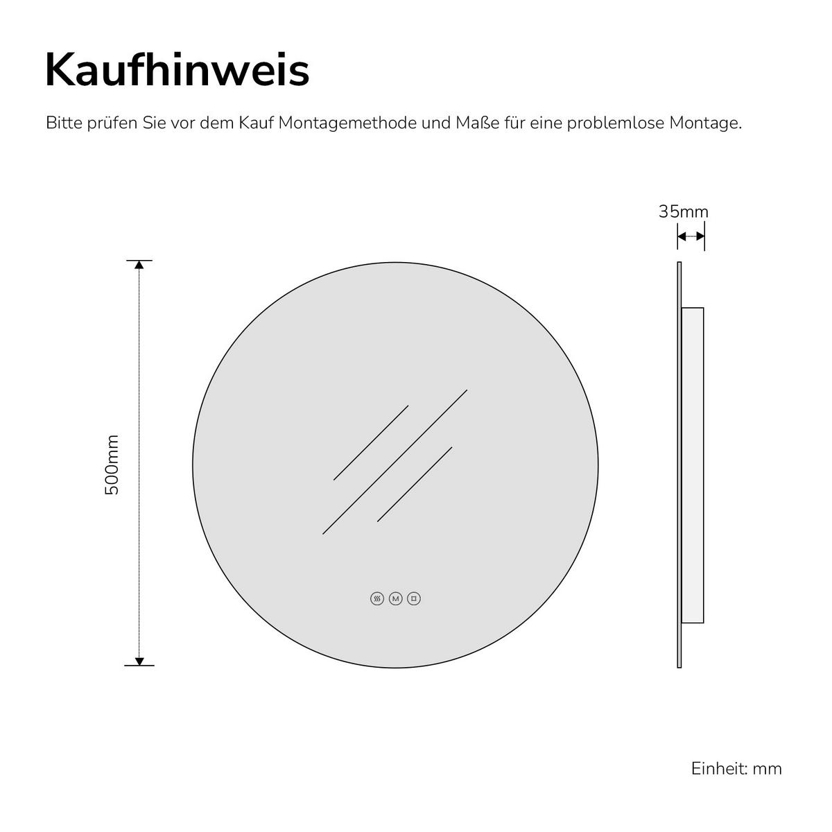 BADSPIEGEL Rund mit Beleuchtung Rahmenlos, 3 Lichtfarben, beschlagfrei, Ø 50 cm - Transparent, Glas (50/50/3cm) - EMKE