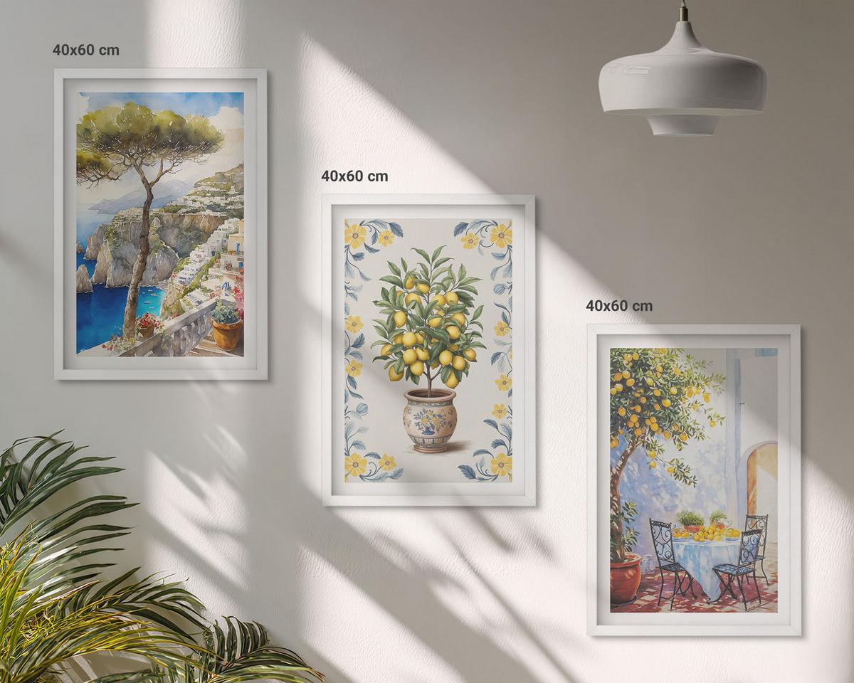 BILDER SET 3er Set - 40x60 cm Weißer Rahmen - Gemälde von Zitronenbäumen - Weiß, Kunststoff (40/60cm) - TULUP