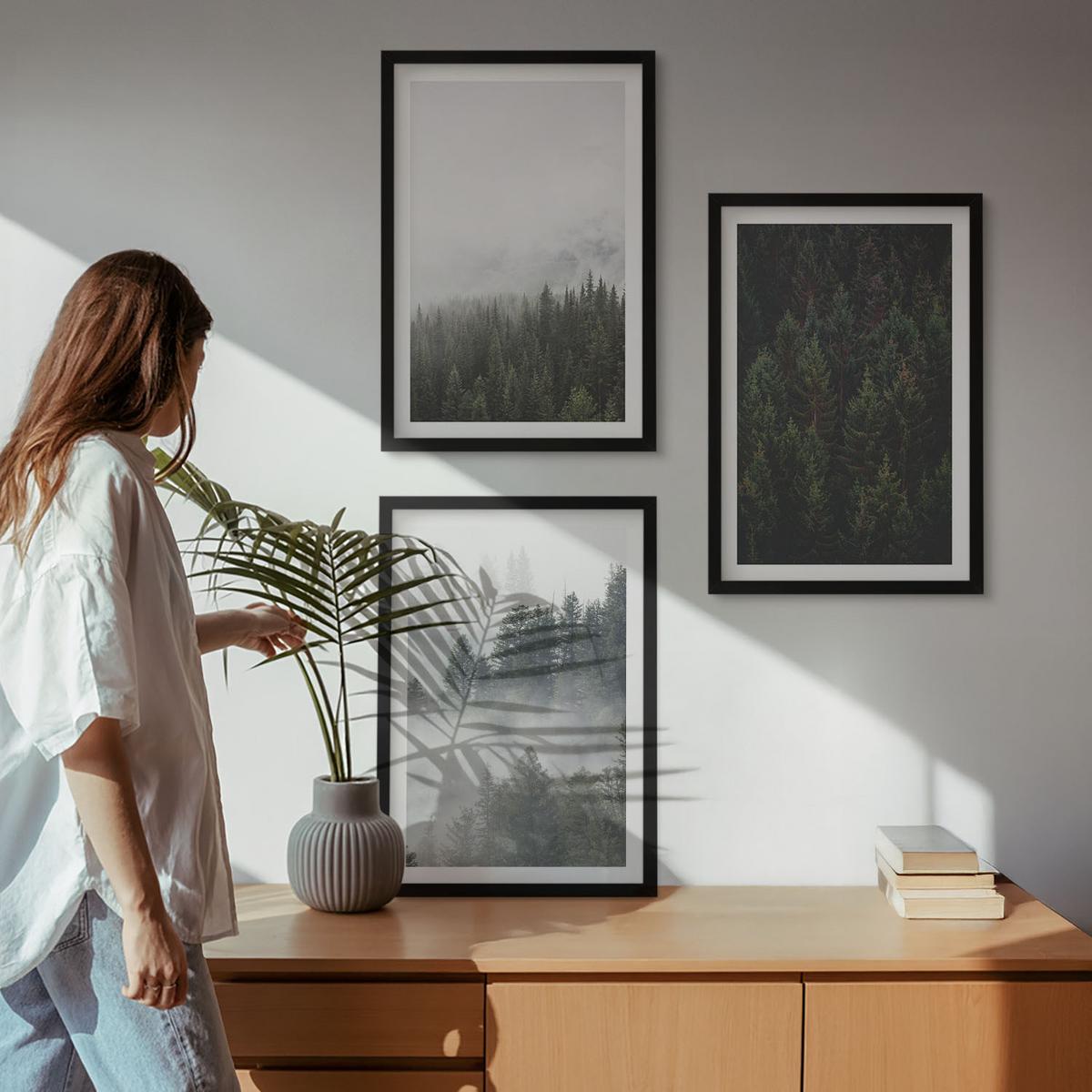BILDER SET 3er Set - 40x60 cm Schwarzer Rahmen - Grüne Wälder Nebel Natur - Schwarz, Kunststoff (40/60cm) - TULUP