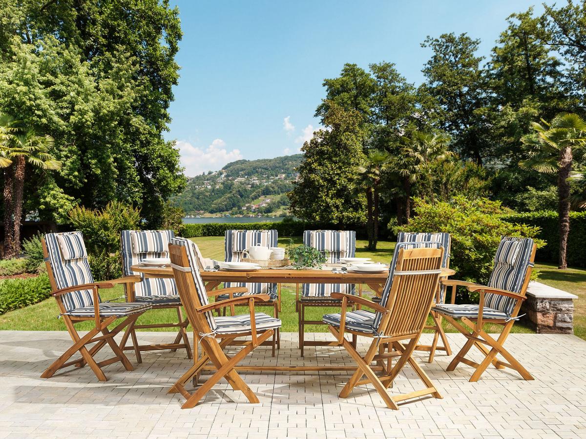 GARTENMÖBEL SET 8-Sitzer Akazienholz hellbraun Auflagen dunkelblau-beige Maui - Blau/Hellbraun, Holz - Beliani