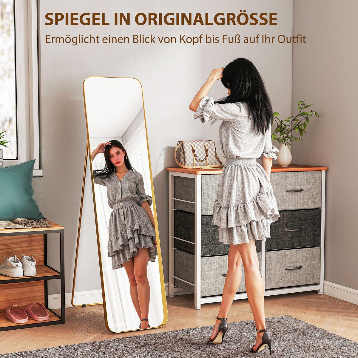 GANZKÖRPERSPIEGEL 160 x 40 cm Gewölbter Standspiegel mit Bruchsichere Glas - Goldfarben, Metall (6/160/40cm) - HOMCOM